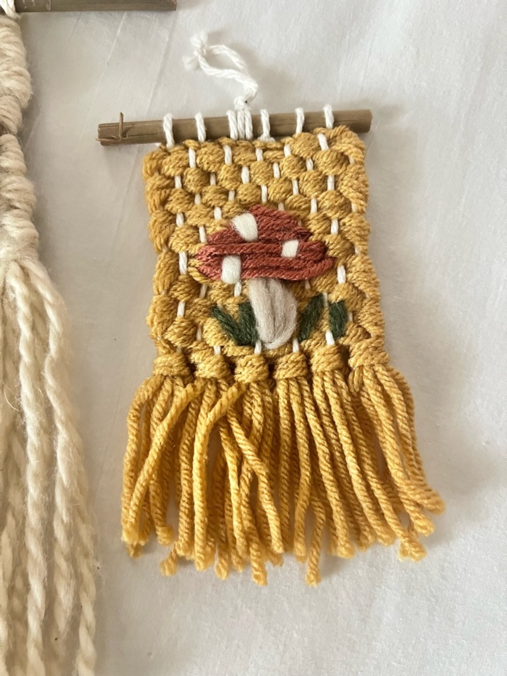 Boho Mushroom Wall Decor Set Handmade Woven Fringe Hanging Bundle (2 Pieces) - Picture 4 of 5